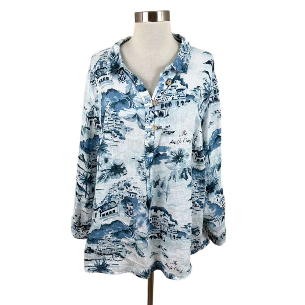 Cynthia Rowley 100% Linen Blue White Amalfi Coast Print Popover Tunic 2X Cruise